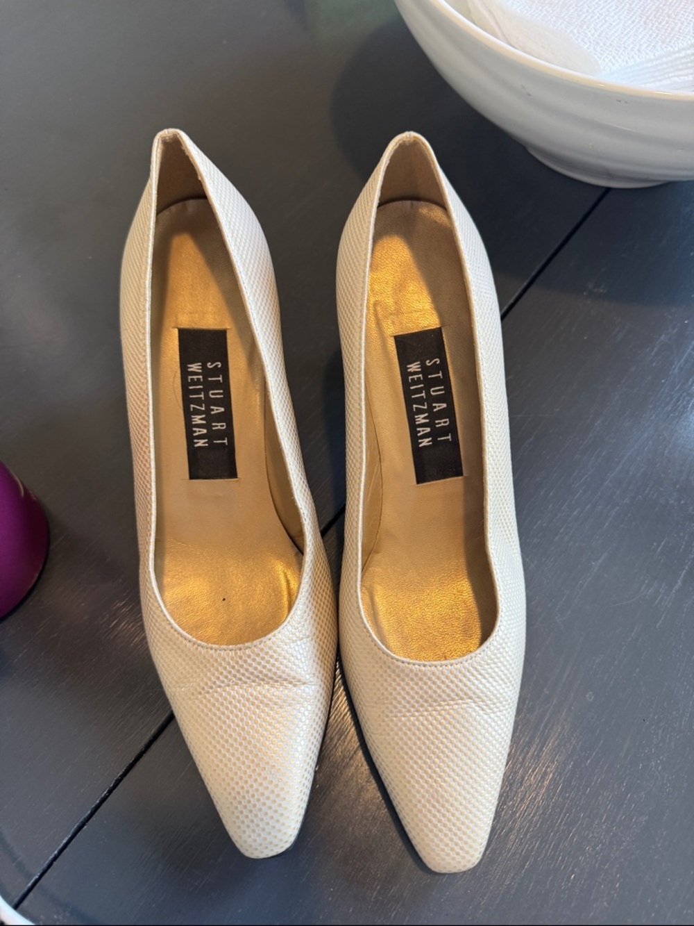 Stuart Weitzman Cream Textured Pointed-Toe Pumps